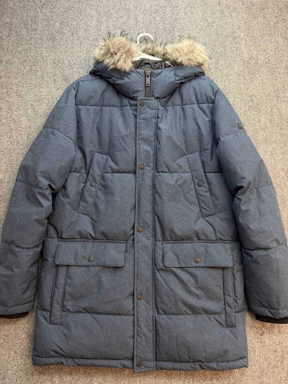 DKNY Men's Blue Hooded Puffer Parka Faux Fur Jacket Size L Long Coat 34"